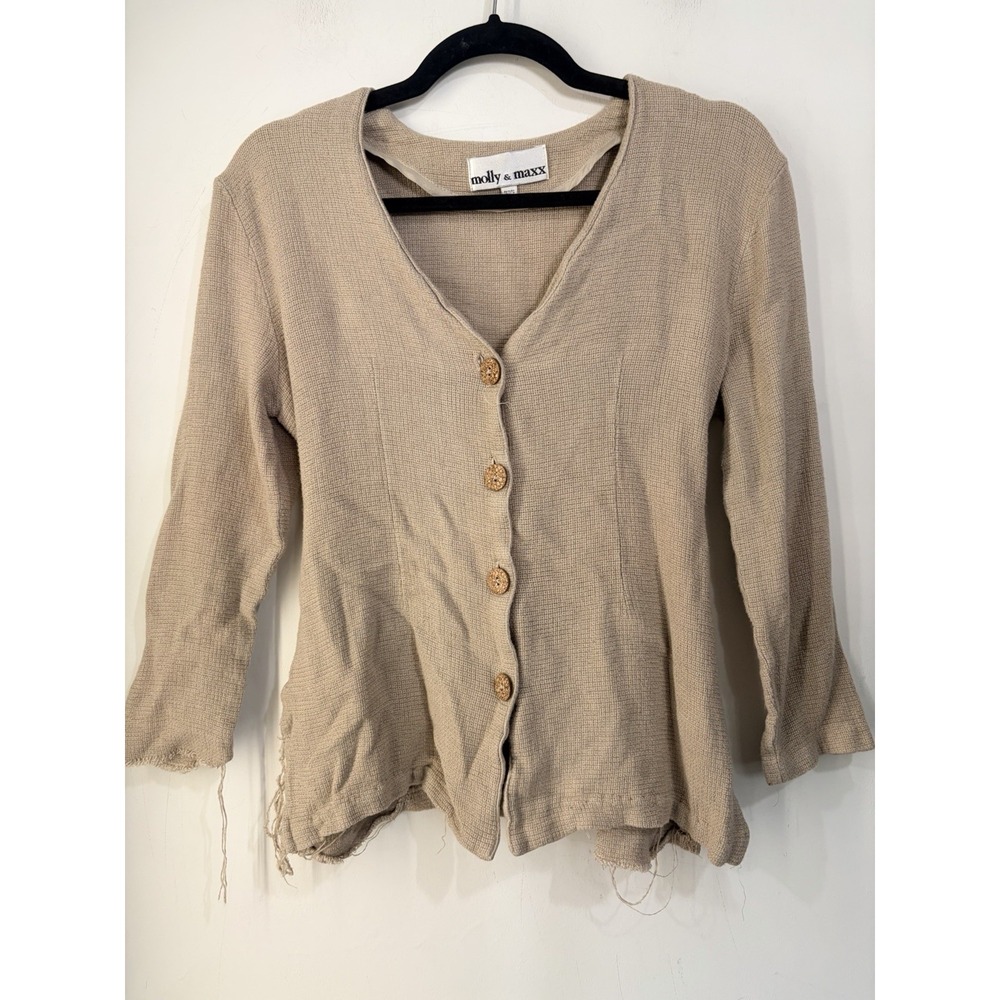 Vintage Molly & Maxx Petite S Linen Rayon Cardigan Boho Raw Hem Made USA
